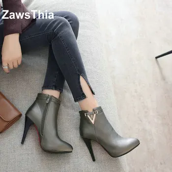 ZawsThia/златисто-сив пикантни женски ботильоны с остри пръсти на висок ток и платформа; сезон зима-есен; дамски обувки; обувки-лодка; модни обувки ; размер на 44