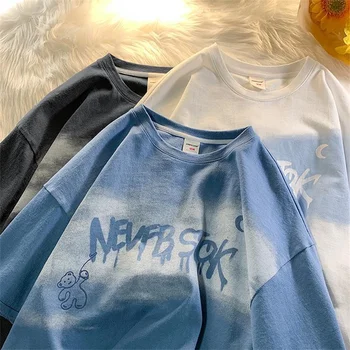 Лятна Нова Японската Тениска С Надпис Cloud Moon Bear и Писмото Принтом С Къс Ръкав, Дамски Тениска Ins Harajuku, Всекидневни Сладък Свободен Топ Оверсайз