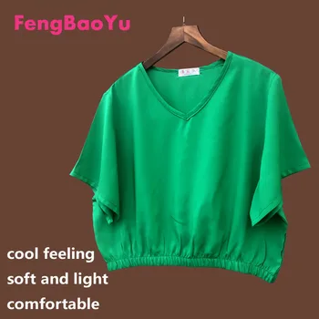 Fengbaoyu Оригиналната Памучен Коприна лятна тениска с V-образно деколте за момичета, Блуза с къси ръкави, Долната риза за млади момичета с Пъпа