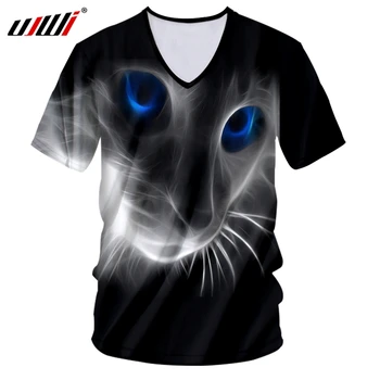 UJWI Нова тениска С Дълбоко V-образно деколте за Мъже с Къс Ръкав 3D Печат котка със сини очи, красив Костюм Голям Размер Homme Лятна Тениска