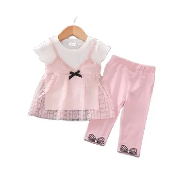 Детски костюм, летен дантелен костюм в чужд стил за момичета, нов топ с дантелен шевове и панталони за малки принцеси, костюм-двойка от 1 до 5 години