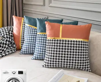 Лека луксозна калъфка в клетката в скандинавски стил, калъфка за дивана в хола, оранжева комбинирана калъфка