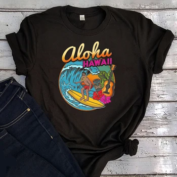 2021 Сърфиране на Хаваите Графичен Тениски С Кръгло Деколте За Жени Карикатура Лятна Ваканция Тениска Плажната Мода Дамски Ризи Черен Топ XL