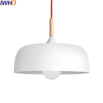IWHD Модерни Led Висящи Лампи Бял Прост Железен Висящ Лампа Творчески Дървени Тела Висящи Лампа HangaLamp Блясък
