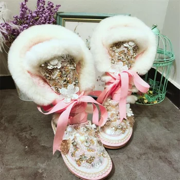 Нови сладки тежкотоварни кристали с лък розов заек кожа, дантела и зимни обувки в стил Лолита