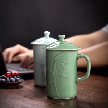 Кафеена чаша Чаша с капак за микровълнова фурна и съдомиялна машина 13,5 грама една Чаена чаша с релефни изображения от бамбук Керамични Съдове за напитки Порцеланова Посуда