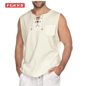 FGKKS 2022 Мъжка Лятна Нова Тениска Без ръкави, Модерен Обикновен Всекидневен Ленена Жилетка, Модерен Уличен Trend Тънка Жилетка, Мъжки