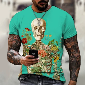 Лятна мъжка тениска с кръгло деколте, 3d печат, Изготвяне на черепа, Моден тренд, Нов годишният Must-have, Оверсайз