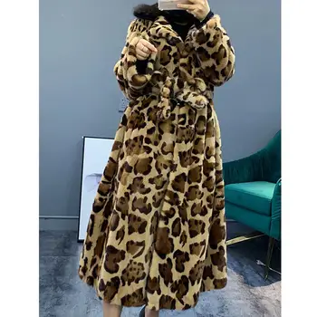 2019 Нова Истинска Жена Внос норковая Палто, Леопардовая Модни Дълго Дамско Палто, Дамски Дебела Топла кожа яке