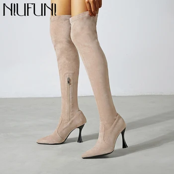 Зимни топли дамски високи ботуши над коляното; велурени къси плюшени ботуши с цип на тънките високи токчета, без съединителни от еластична тъкан; пикантен дамски обувки