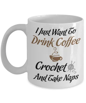 I Love Coffee Плетене на една кука и Дремота - Чаша за кафе Hobby Novelty (11 грама, бяло)