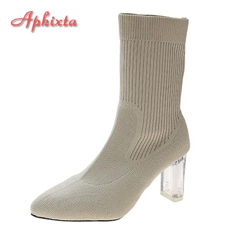 Aphixta/Новост 2022 г., 7 см, Прозрачни Обувки с пръсти, за да не сужающемся надолу масивна токчета, Дамски Еластичен Памучен Плат, Вязаная обувки с остър пръсти