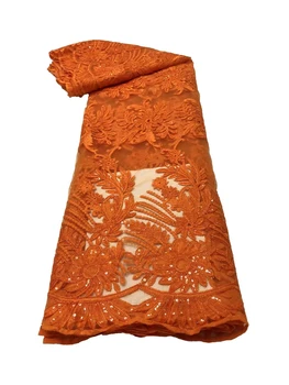 Лейси плат NRFN36 Оранжев цвят в африканския стил с пайети, красиво бродирана лейси плат от френски тюл за модна рокля!