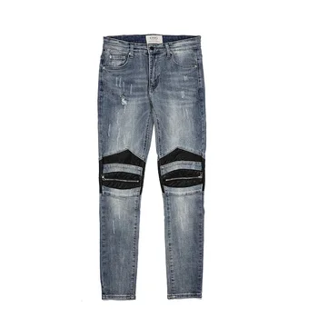 Европейски и американски Улични мъжки панталони с Кожени заплатками с цип, мъжки дънки-скутери, Тънки Стрейчевые дънки, мъжки Дрехи