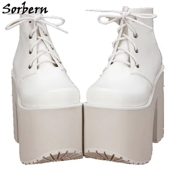 Бели ботильоны Sorber на висок ток до бедрото, с шнур, дизайнерски маркови обувки Нестандартно цветове, Големи Размери 10, пролетни модни дамски обувки на платформа