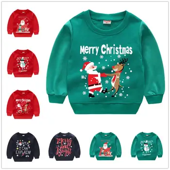 Коледен Пуловер за Момчета, Памучни Блузи с Дядо Коледа и Елени, Детски Пуловер, Тениска Унисекс, Дрехи за Малките Момичета, Жилетка, Топ