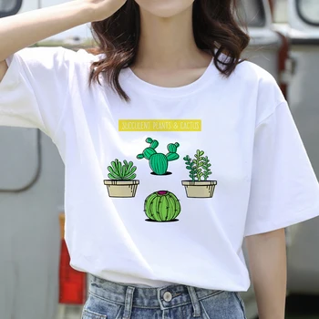 Женска тениска с принтом кактус и балон, графична риза в стил харадзюку, бяла модерна тениска с къс ръкав