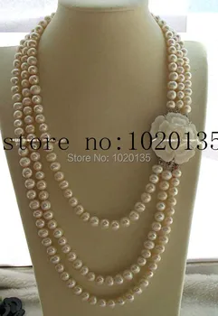 уау! 3 редица сладководни перли бял, почти кръгла и във формата на миди, цветя закопчалката 8-9 мм necklace22-27 