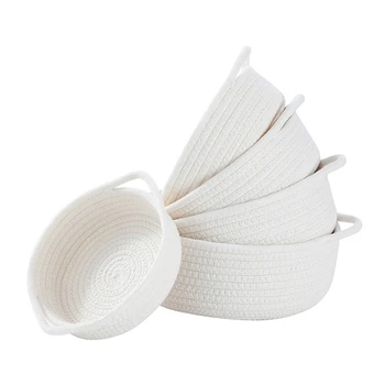 Комплект Кръгли Кошници за съхранение от 5 теми - Плетени кошници от естествен памук за организация на Малка Кошница
