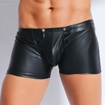 Плюс Размер Модни Черни Мъжки Сексуални Цип Отзад С Отворена Промежностью От Изкуствена Кожа Къси Панталони, Боксерки Шорти-Боксерки Облекло