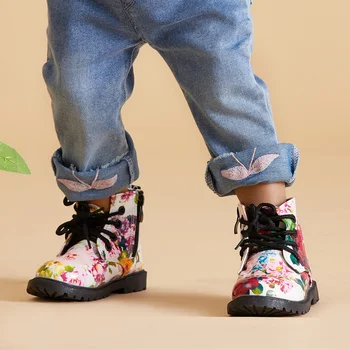 Удобни детски обувки; Обувки с цветен Модел за момичета, детски Елегантни Ботуши Гумени Подметки с Флорални Принтом и страничен цип; Армейските Обувки