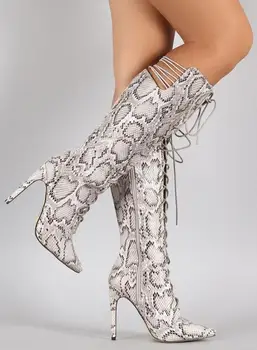 Пикантен дамски обувки от змийска кожа с кръстосани шнур на висок Тънък ток и остри пръсти, Модни дамски дълги ботуши до средата на прасците, Обувки