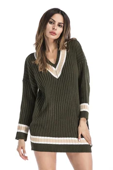 Нов Стил, Вязаный Свободен Пуловер със Средна дължина, с V-образно деколте и Дълги ръкави Ustyle0416