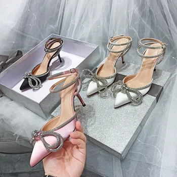 Стил писта блясък на кристали Crystal лък сатенени обувки, летни обувки от естествена кожа, високи токчета партия сватбени обувки