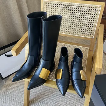 MKKHOU/Модерни Кожени дамски обувки; Нови Класически Черни обувки на нисък ток с остър пръсти; женски универсални Високи обувки ; Ботильоны