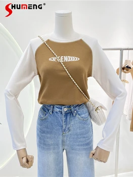 Дамски Есенна новост 2022 г., тениска с Ръкав Raglan в Корейски Стил и писмото принтом, Дамски Модни Тениска с Контрастиращ цвят, плътно Прилепнали Блузи С дълъг ръкав, Тениски