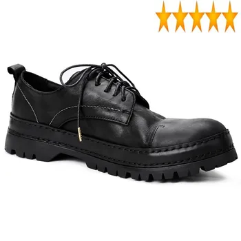 100% Мъжки Обувки От естествена Кожа На Платформа В Британския Стил, Реколта Ежедневни Брандираната Бизнес Обувки Дантела, Черни Zapatos
