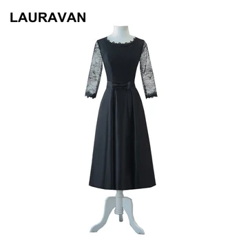 ново записване, кратки вечерни дамски елегантни черни сатенени вечерни рокли чай дължина с кружевными ръкави, модерно рокля 2020