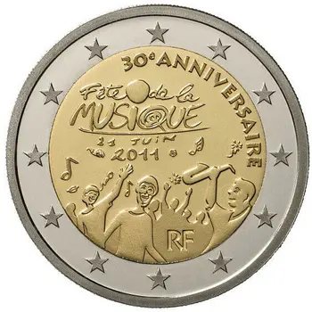 Франция 2011 30-та годишнина на музикалния фестивал на 2 евро на Истински Оригинални монети Истинска колекция евро Възпоменателна монета Unc