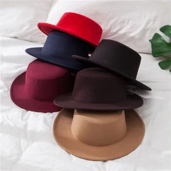 Есенно-зимни нови мъжки и женски джаз шапки, Елегантни вълнени шапки, Широкополые плоски филц шапки, бомбета, Широкополые шапки