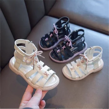 Обувки в римски стил за момичета; Лятна Новост 2022 г.; Детска Мода обувки за Малки момичета; Разноцветни Сандали Принцеса на Висок Ток с отворени пръсти; Обувки