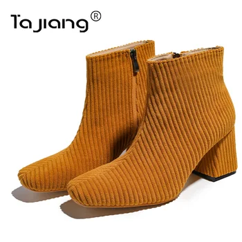 Ta Jiang/модни прости Нови вельветовые есенно-зимни обувки, женски ботильоны на висок дебел ток с квадратни пръсти, женски T929-2A