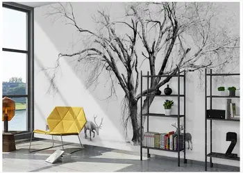 3D стенописи тапети по поръчка живопис стенопис Пейзаж Черно-бял стил с увреждания прост скандинавски абстрактен фон дърво стена