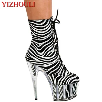 Цвят зебра 15 см, кратък обувки, изработени от прозрачни ребрата, клубна обувки, сексуална съблазнителна къса и висока дамски обувки