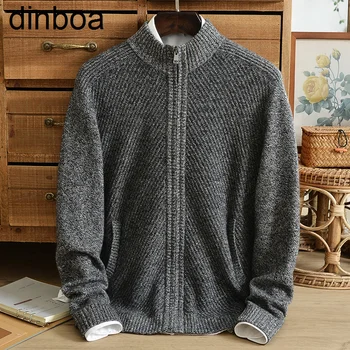 Dinboa-2022 Зима Нов Жилетка 100% Чист Вълнен Пуловер Мъжки Дебел Жаккардовый Пуловер на средна възраст, с Високо воротом джоб на Палтото Всекидневното