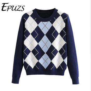есента на диамант с форма на вязаный пуловер с решетка, дамски пуловер, ретро шик сладък пуловер с дълъг ръкав 2020
