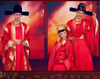 Костюм, който е влюбен в Древен Китай за двойки Hanfu, сватбена вечерна рокля в китайски стил, червен ретро костюм тан с дълъг ръкав