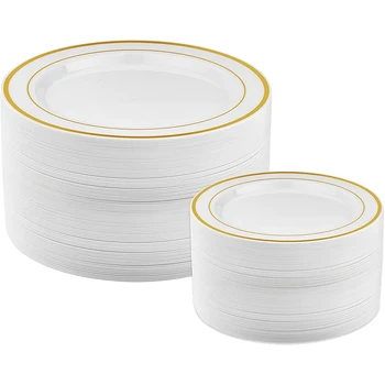 Златни пластмасови Чинии - 25 места за хранене Чинии и 25 маруля чинии Вечерни Пластмасови Чинии за Еднократна употреба Чинии за Парти