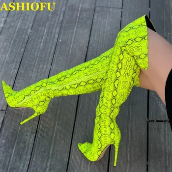 ASHIOFU/ нов стил, дамски ботуши над коляното на ръчно изработени, модни ботуши до бедрото, от изкуствена змийска кожа, чубрица клубни модерни обувки с отворени пръсти