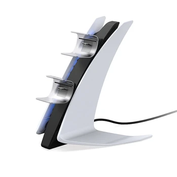 За PS5 Геймпад Авиационен тип Двойно Зарядно Устройство Безжично зарядно устройство ще захранване на база с две Дръжки със синя светлина