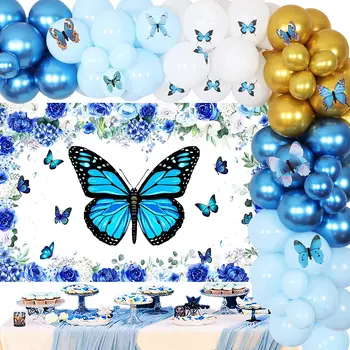 Funmemoir Синя Пеперуда Венец от Балони Комплект 3D Пеперуда Стикер на Стената Фон за Момичета Рожден Ден Украса за Детската Душа