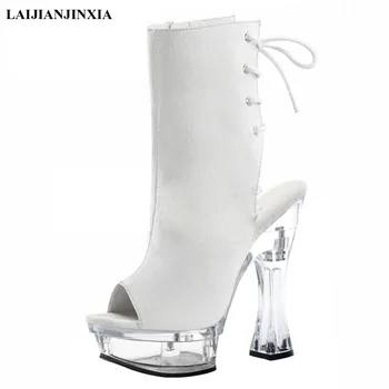 LAIJIANJINXIA/Нови дамски обувки на висок ток 14 см, чубрица Ботильоны, матово черни вечерни клубни обувки с кръгло бомбе за танци на един стълб