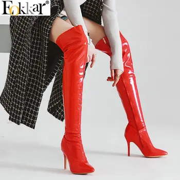 Eokkar/2020 г., дамски ботуши над коляното от лачена кожа с остри пръсти на много тънък Висок ток с цип, топли дамски обувки, Размер 34-43