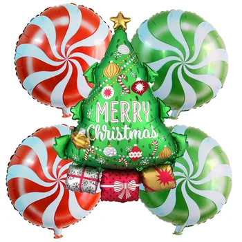 5 бр. Коледен Комплект за Декорация Балони с весела Коледа Балони с Дядо Коледа Близалка Снежинка Коледно Дърво Подарък Топка