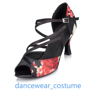 Дамски Висококачествени Танцови Сандали на токчета, Дамски Сатен Черен Обувки с цветен модел, За балните танци, Латино танго, джаз, Салса, Танцови обувки EU34-42