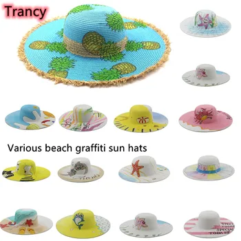 Сламена шапка с шарките на ананас, дрехи за родители и деца, плажен стил, ръчно рисувани, плажна дамска сламена шапка, фетровая шапка, унисекс панама